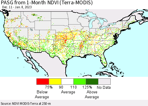 United States PASG from 1-Month NDVI (Terra-MODIS) Thematic Map For 1/1/2023 - 1/8/2023