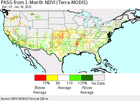 United States PASG from 1-Month NDVI (Terra-MODIS) Thematic Map For 1/9/2023 - 1/16/2023