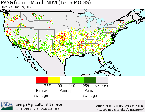 United States PASG from 1-Month NDVI (Terra-MODIS) Thematic Map For 1/21/2023 - 1/31/2023