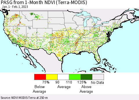 United States PASG from 1-Month NDVI (Terra-MODIS) Thematic Map For 1/25/2023 - 2/1/2023