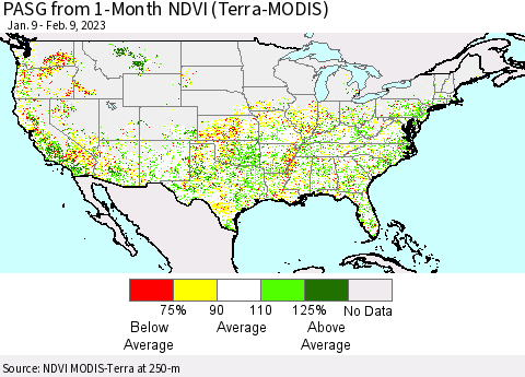 United States PASG from 1-Month NDVI (Terra-MODIS) Thematic Map For 2/2/2023 - 2/9/2023
