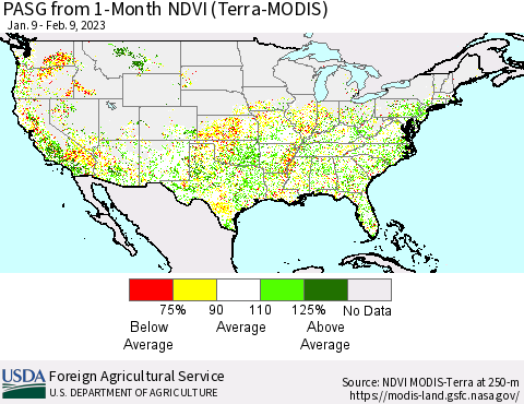 United States PASG from 1-Month NDVI (Terra-MODIS) Thematic Map For 2/1/2023 - 2/10/2023