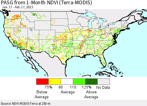 United States PASG from 1-Month NDVI (Terra-MODIS) Thematic Map For 2/10/2023 - 2/17/2023