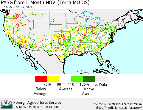 United States PASG from 1-Month NDVI (Terra-MODIS) Thematic Map For 2/21/2023 - 2/28/2023