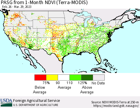 United States PASG from 1-Month NDVI (Terra-MODIS) Thematic Map For 3/21/2023 - 3/31/2023