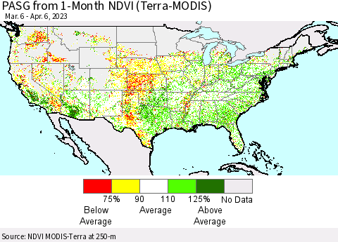 United States PASG from 1-Month NDVI (Terra-MODIS) Thematic Map For 3/30/2023 - 4/6/2023