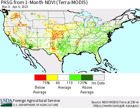 United States PASG from 1-Month NDVI (Terra-MODIS) Thematic Map For 4/1/2023 - 4/10/2023