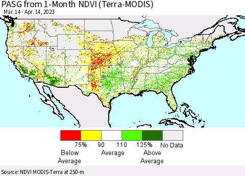 United States PASG from 1-Month NDVI (Terra-MODIS) Thematic Map For 4/7/2023 - 4/14/2023