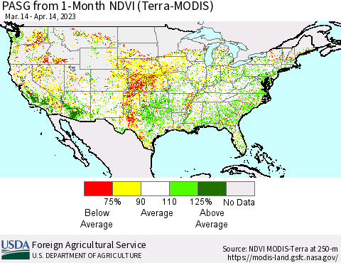 United States PASG from 1-Month NDVI (Terra-MODIS) Thematic Map For 4/11/2023 - 4/20/2023