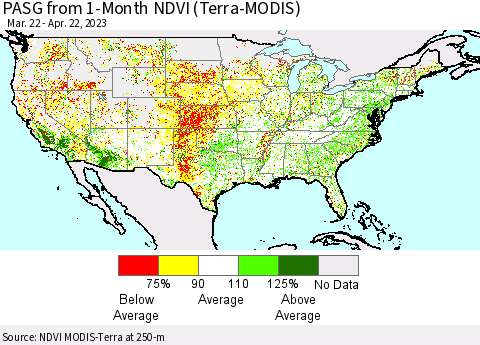United States PASG from 1-Month NDVI (Terra-MODIS) Thematic Map For 4/15/2023 - 4/22/2023