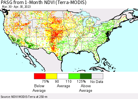 United States PASG from 1-Month NDVI (Terra-MODIS) Thematic Map For 4/21/2023 - 4/30/2023