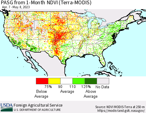 United States PASG from 1-Month NDVI (Terra-MODIS) Thematic Map For 5/1/2023 - 5/10/2023