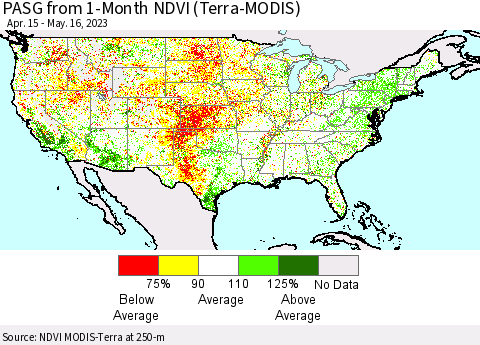 United States PASG from 1-Month NDVI (Terra-MODIS) Thematic Map For 5/9/2023 - 5/16/2023