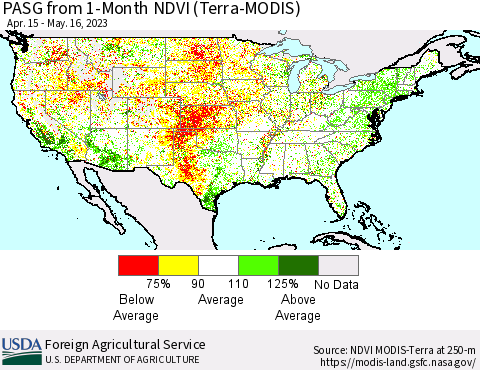 United States PASG from 1-Month NDVI (Terra-MODIS) Thematic Map For 5/11/2023 - 5/20/2023