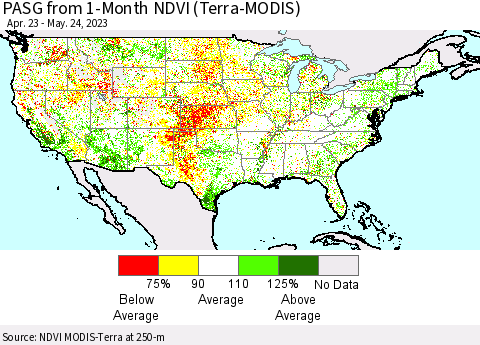 United States PASG from 1-Month NDVI (Terra-MODIS) Thematic Map For 5/17/2023 - 5/24/2023