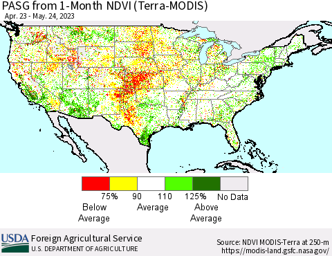 United States PASG from 1-Month NDVI (Terra-MODIS) Thematic Map For 5/21/2023 - 5/31/2023