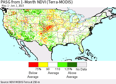 United States PASG from 1-Month NDVI (Terra-MODIS) Thematic Map For 5/25/2023 - 6/1/2023