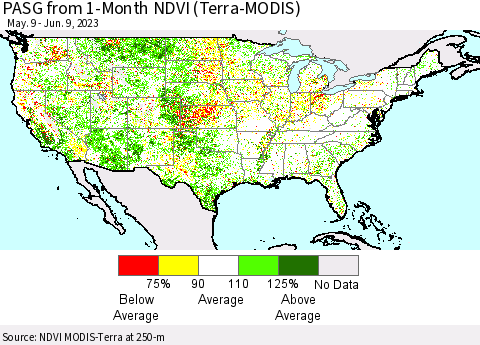 United States PASG from 1-Month NDVI (Terra-MODIS) Thematic Map For 6/2/2023 - 6/9/2023