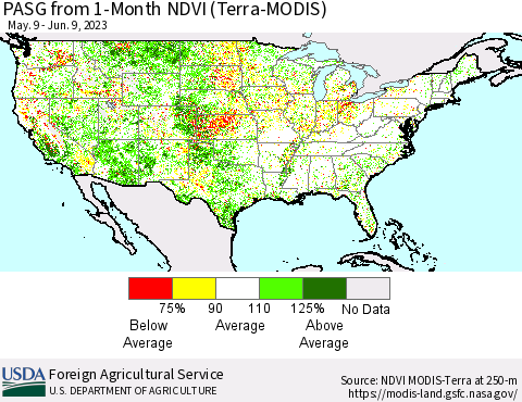 United States PASG from 1-Month NDVI (Terra-MODIS) Thematic Map For 6/1/2023 - 6/10/2023