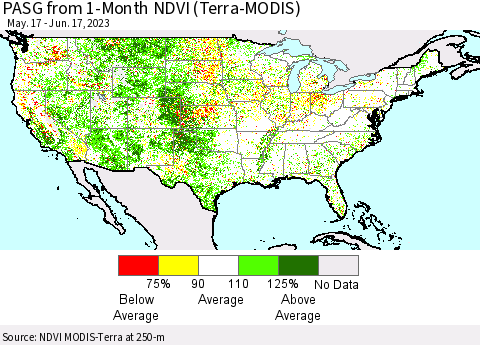 United States PASG from 1-Month NDVI (Terra-MODIS) Thematic Map For 6/10/2023 - 6/17/2023