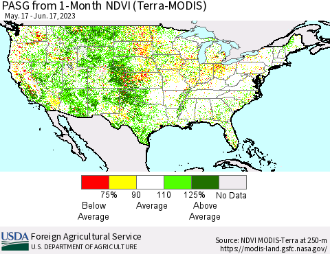 United States PASG from 1-Month NDVI (Terra-MODIS) Thematic Map For 6/11/2023 - 6/20/2023