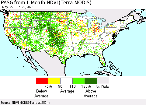 United States PASG from 1-Month NDVI (Terra-MODIS) Thematic Map For 6/18/2023 - 6/25/2023