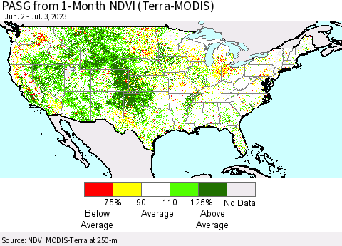 United States PASG from 1-Month NDVI (Terra-MODIS) Thematic Map For 6/26/2023 - 7/3/2023