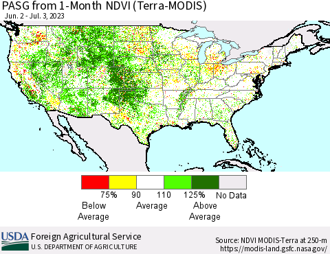 United States PASG from 1-Month NDVI (Terra-MODIS) Thematic Map For 7/1/2023 - 7/10/2023