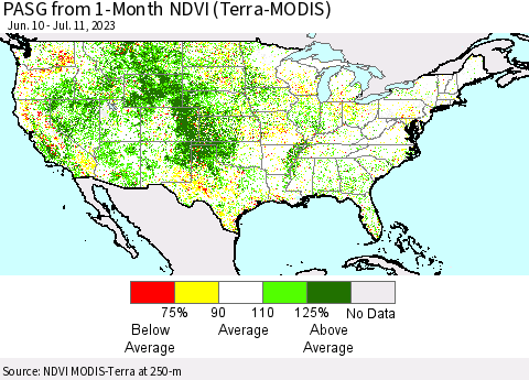 United States PASG from 1-Month NDVI (Terra-MODIS) Thematic Map For 7/4/2023 - 7/11/2023