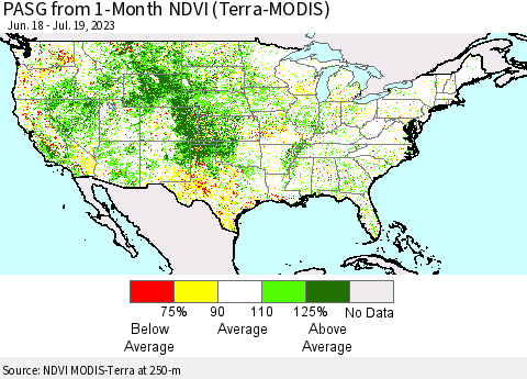 United States PASG from 1-Month NDVI (Terra-MODIS) Thematic Map For 7/12/2023 - 7/19/2023