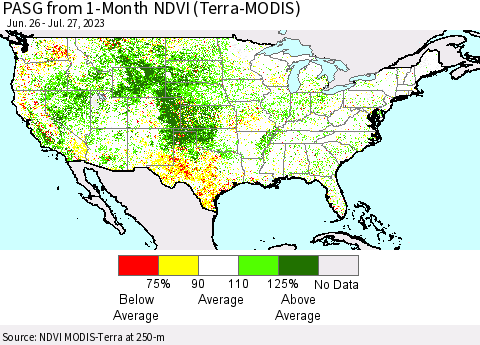 United States PASG from 1-Month NDVI (Terra-MODIS) Thematic Map For 7/20/2023 - 7/27/2023