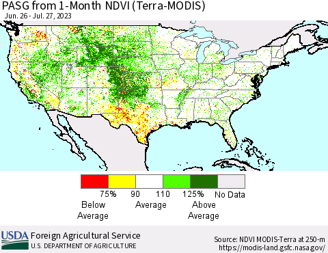 United States PASG from 1-Month NDVI (Terra-MODIS) Thematic Map For 7/21/2023 - 7/31/2023