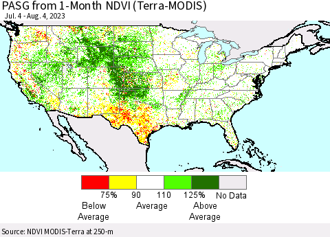 United States PASG from 1-Month NDVI (Terra-MODIS) Thematic Map For 7/28/2023 - 8/4/2023