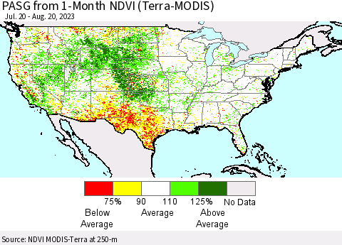 United States PASG from 1-Month NDVI (Terra-MODIS) Thematic Map For 8/13/2023 - 8/20/2023