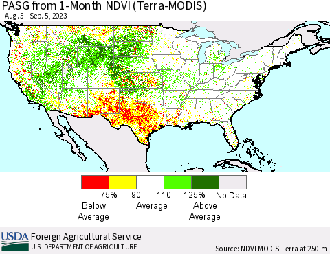 United States PASG from 1-Month NDVI (Terra-MODIS) Thematic Map For 9/1/2023 - 9/10/2023