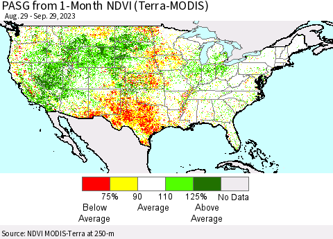 United States PASG from 1-Month NDVI (Terra-MODIS) Thematic Map For 9/22/2023 - 9/29/2023