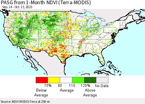 United States PASG from 1-Month NDVI (Terra-MODIS) Thematic Map For 10/8/2023 - 10/15/2023