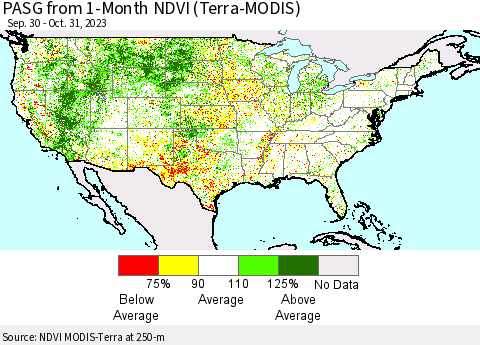 United States PASG from 1-Month NDVI (Terra-MODIS) Thematic Map For 10/24/2023 - 10/31/2023
