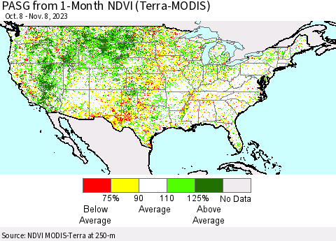 United States PASG from 1-Month NDVI (Terra-MODIS) Thematic Map For 11/1/2023 - 11/8/2023