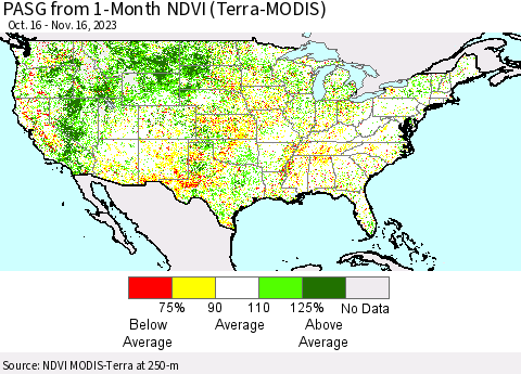 United States PASG from 1-Month NDVI (Terra-MODIS) Thematic Map For 11/9/2023 - 11/16/2023