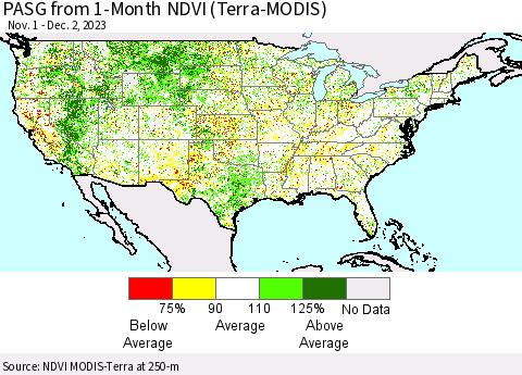 United States PASG from 1-Month NDVI (Terra-MODIS) Thematic Map For 11/25/2023 - 12/2/2023