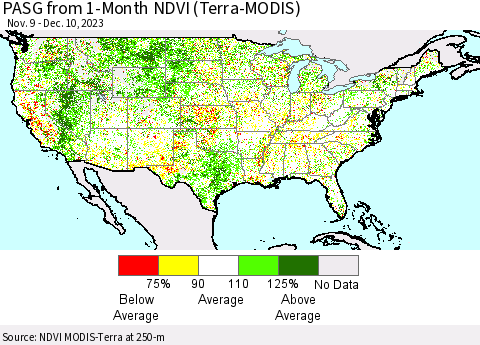 United States PASG from 1-Month NDVI (Terra-MODIS) Thematic Map For 12/3/2023 - 12/10/2023