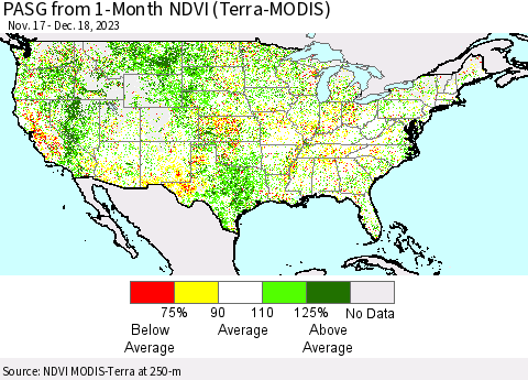 United States PASG from 1-Month NDVI (Terra-MODIS) Thematic Map For 12/11/2023 - 12/18/2023