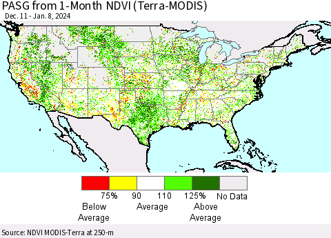 United States PASG from 1-Month NDVI (Terra-MODIS) Thematic Map For 1/1/2024 - 1/8/2024