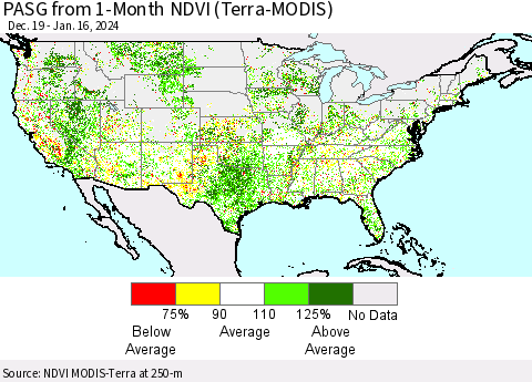 United States PASG from 1-Month NDVI (Terra-MODIS) Thematic Map For 1/9/2024 - 1/16/2024