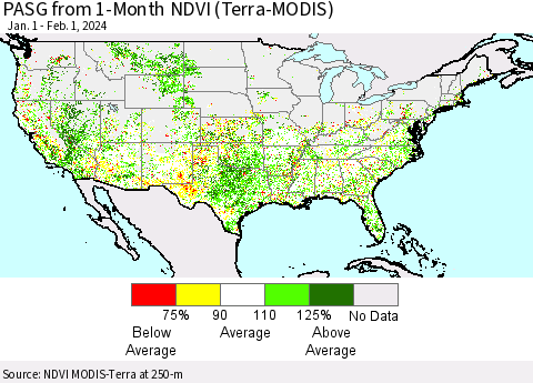 United States PASG from 1-Month NDVI (Terra-MODIS) Thematic Map For 1/25/2024 - 2/1/2024