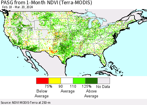 United States PASG from 1-Month NDVI (Terra-MODIS) Thematic Map For 3/13/2024 - 3/20/2024