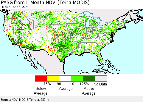 United States PASG from 1-Month NDVI (Terra-MODIS) Thematic Map For 3/29/2024 - 4/5/2024