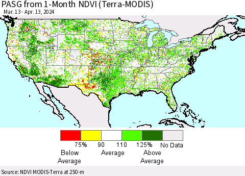 United States PASG from 1-Month NDVI (Terra-MODIS) Thematic Map For 4/6/2024 - 4/13/2024