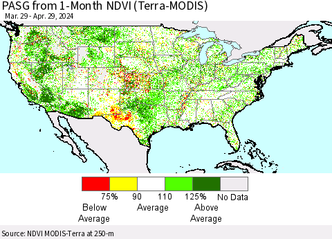 United States PASG from 1-Month NDVI (Terra-MODIS) Thematic Map For 4/22/2024 - 4/29/2024